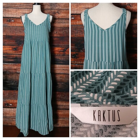 Kaktus Maxi Dress S Turquoise Tiered Striped Relaxed Rayon - Picture 1 of 7